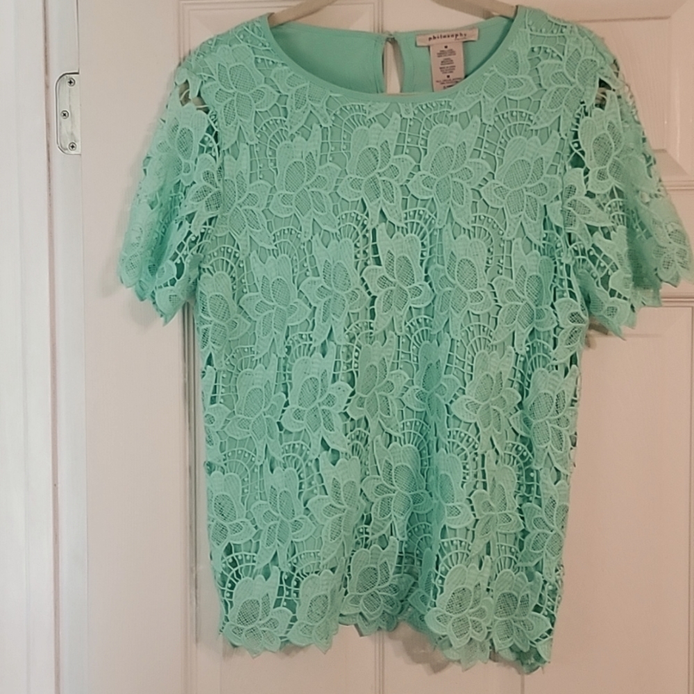Philosophy Mint Green Floral Lace Overlay Top Size M